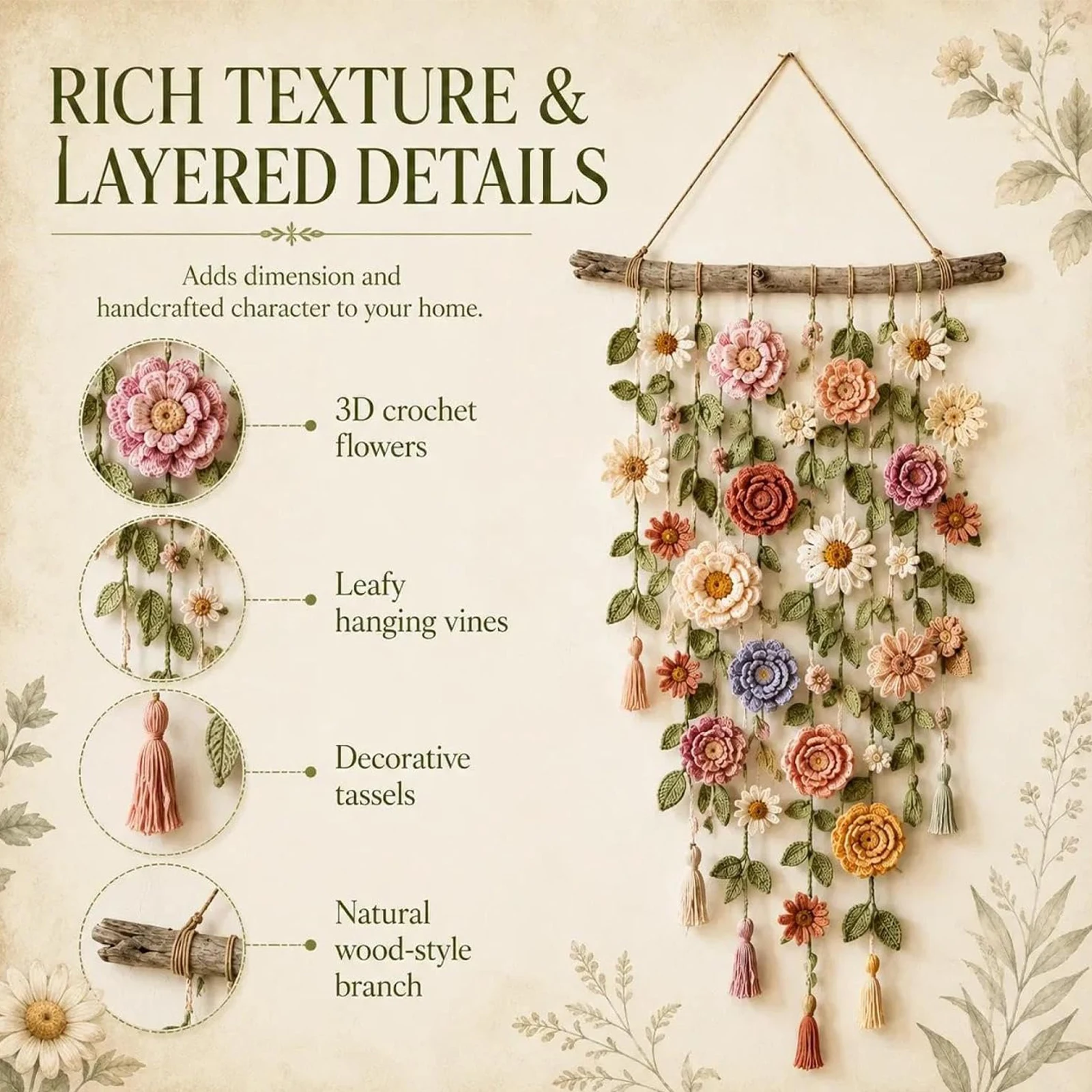 Macrame Wall Hanging - ديكور زهور على شكل كروم بوهو،